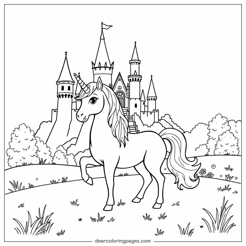 Unicórnio Desenho para Colorir - Unicórnio E Castelo