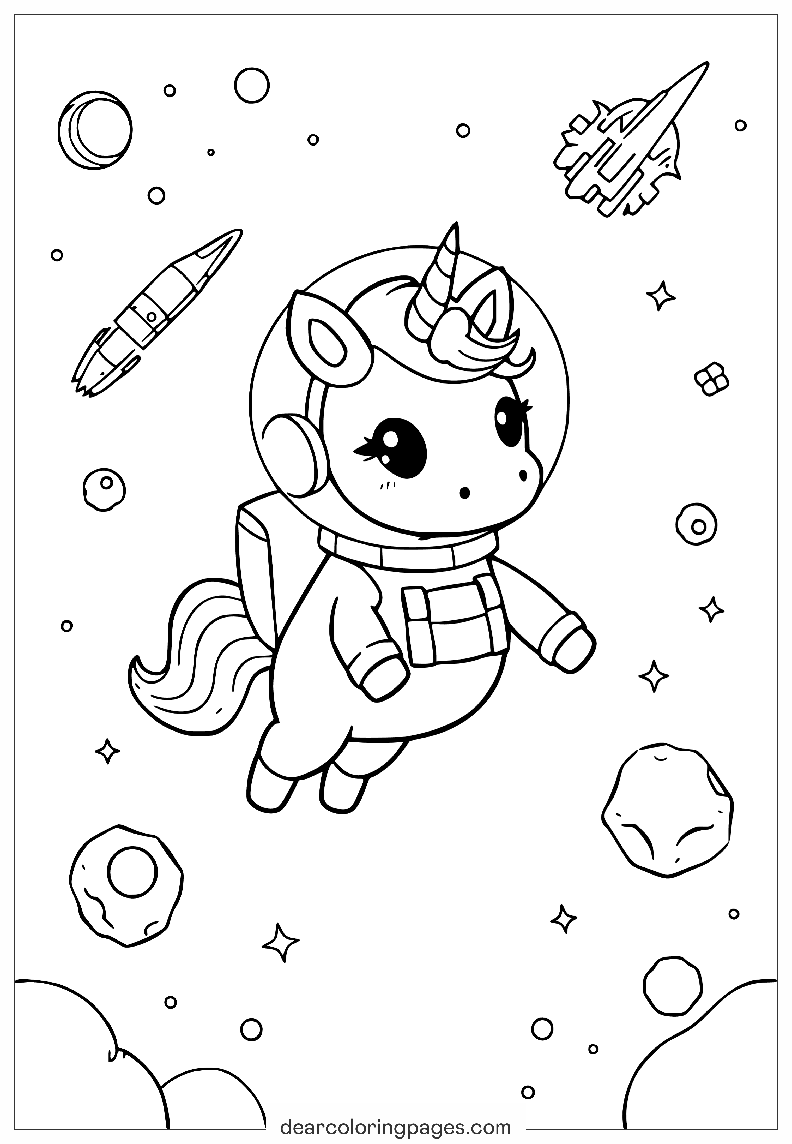 Coloring Page of Cute Unicorn in Space