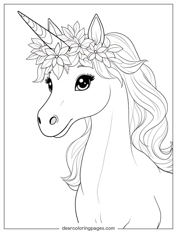 Unicórnio Desenho para Colorir - Unicórnio com Coroa de Flores Desenho para Colorir