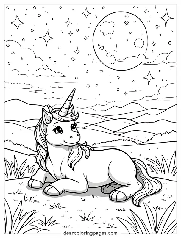 Unicórnio Desenho para Colorir - Unicórnio Sob as Estrelas