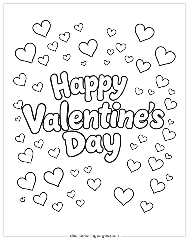 Día de San Valentín Dibujo para Colorear - Feliz Día de San Valentín con Corazones Juguetones