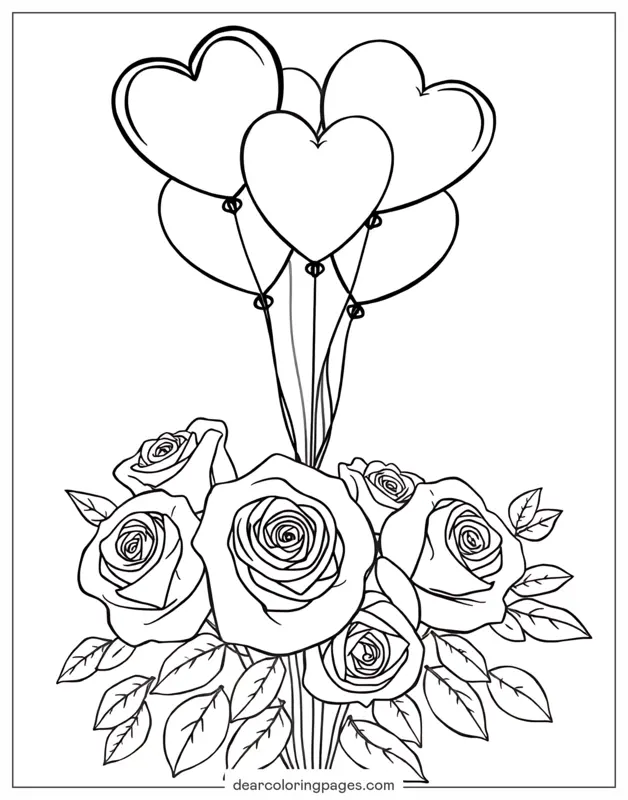 Día de San Valentín Dibujo para Colorear - Rosas con globos en forma de corazón