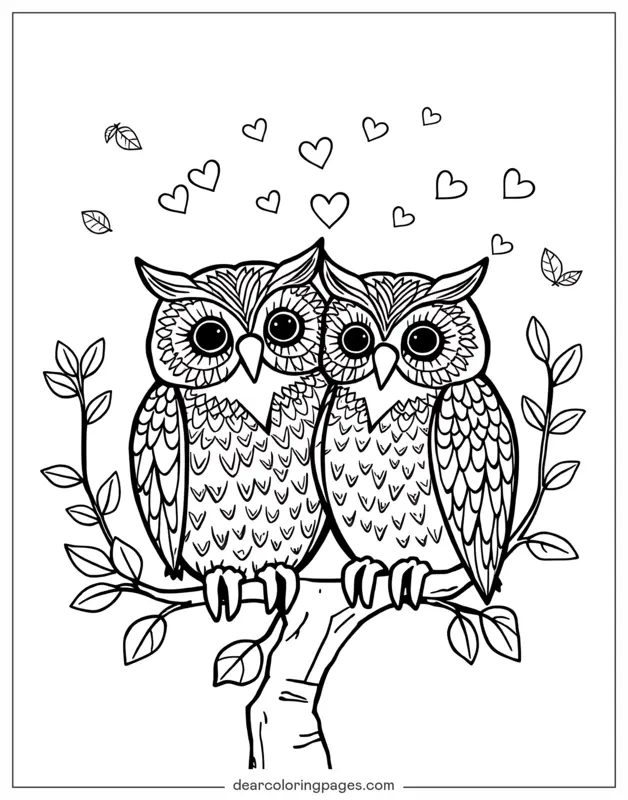 Día de San Valentín Dibujo para Colorear - Pareja de búhos adorables