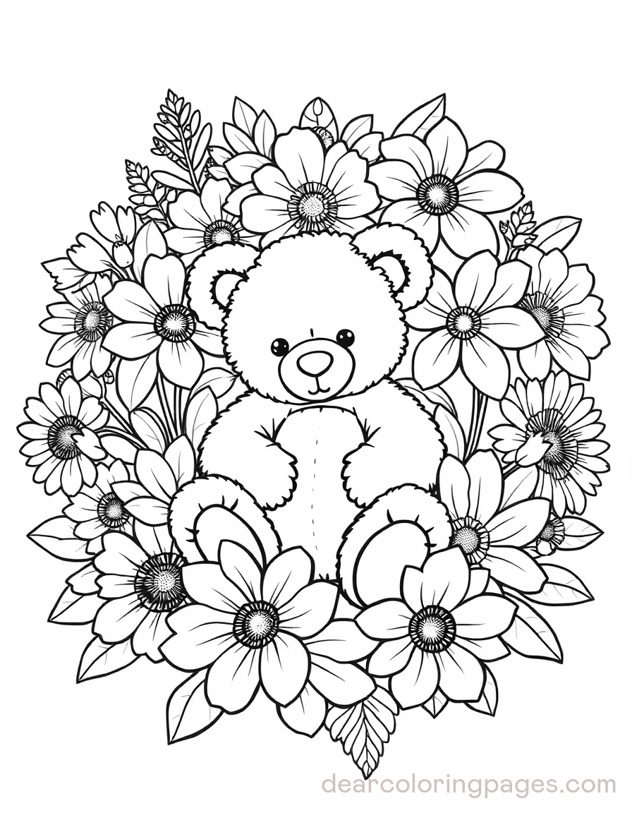 Teddy Bear Surrounded by Flowers