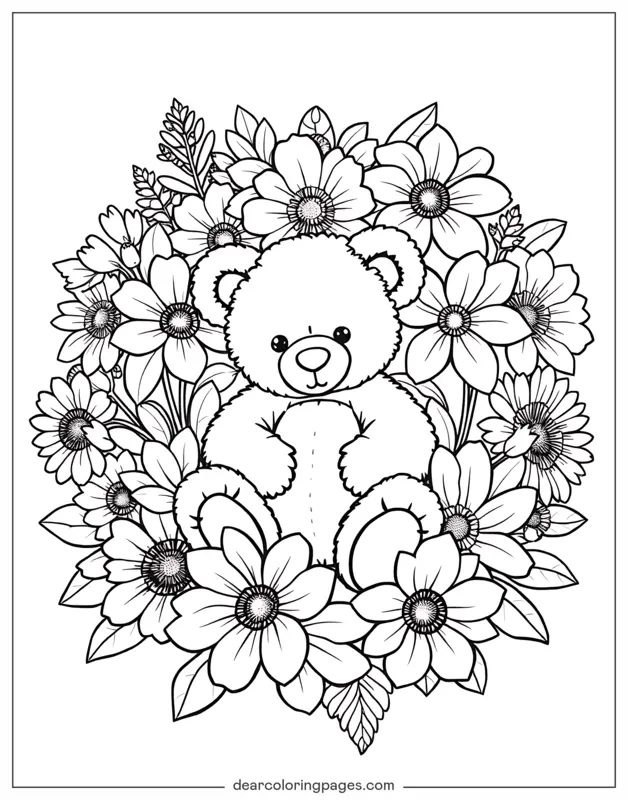 Día de San Valentín Dibujo para Colorear - Osito de peluche rodeado de flores