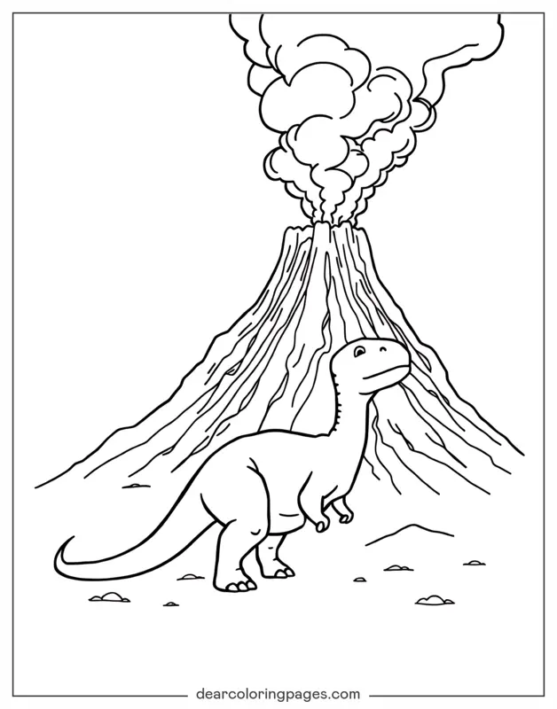 Dinosaur Coloring Page - Dinosaur and Volcano