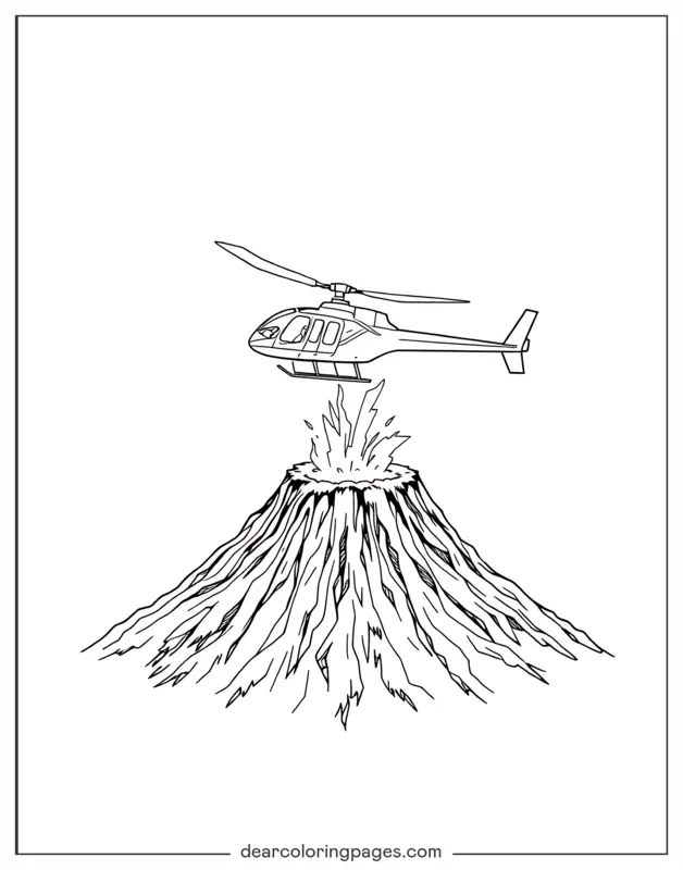 Coloriage de Volcan – Hélicoptère au-dessus du volcan