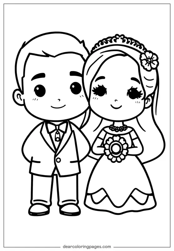 Hochzeit Ausmalbild - Chibi Braut und Bräutigam