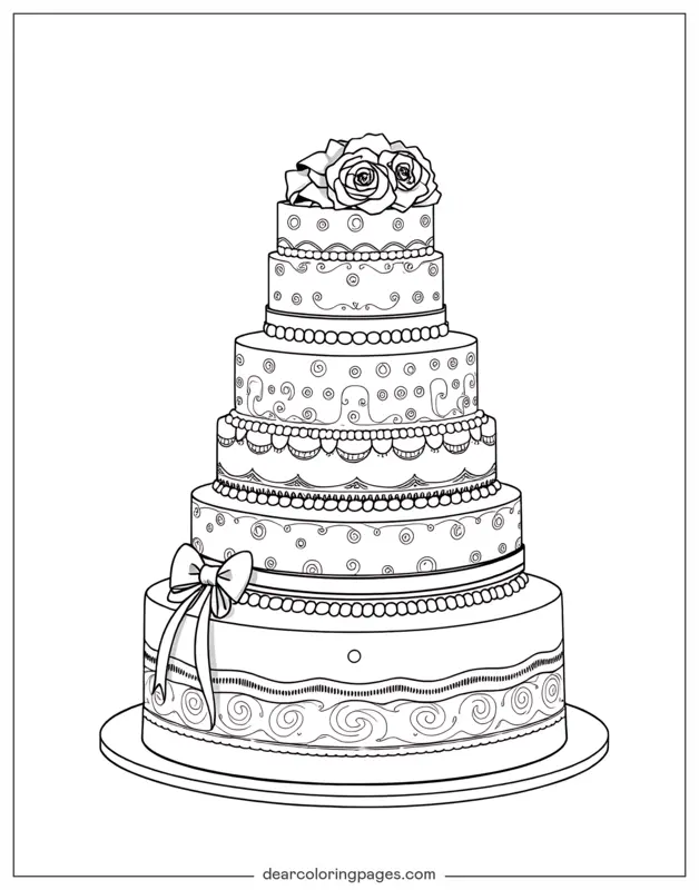 Cake Coloring Page - Layer Wedding Cake With Intricate Decorations