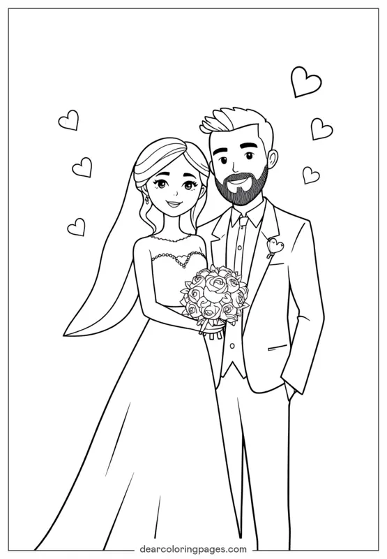 Hochzeit Ausmalbild - Hochzeits-Paar Braut und Bräutigam mit Bart