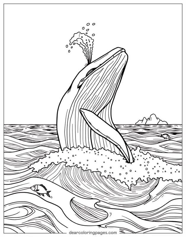 Ocean Animal Coloring Page - Whale Out of Ocean Sending Spray of Water