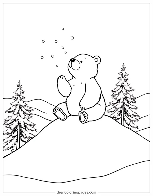 Invierno Dibujo para Colorear - Oso sentado en la cima de una colina nevada