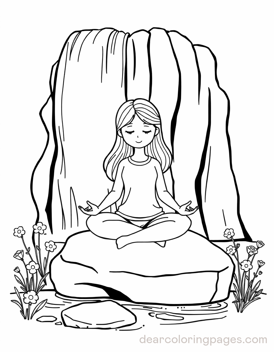 Yoga Coloring Page - Girl Meditating by Waterfall