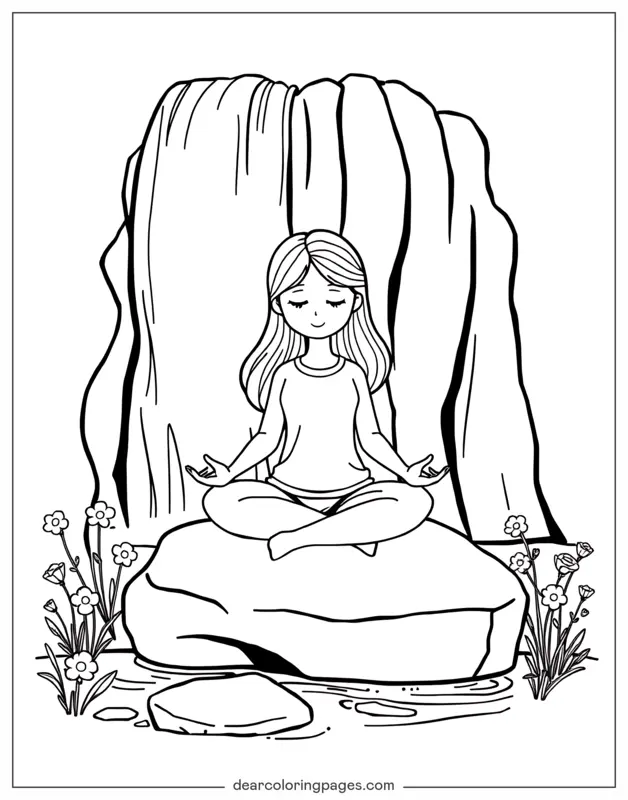 Girl Meditating by Waterfall