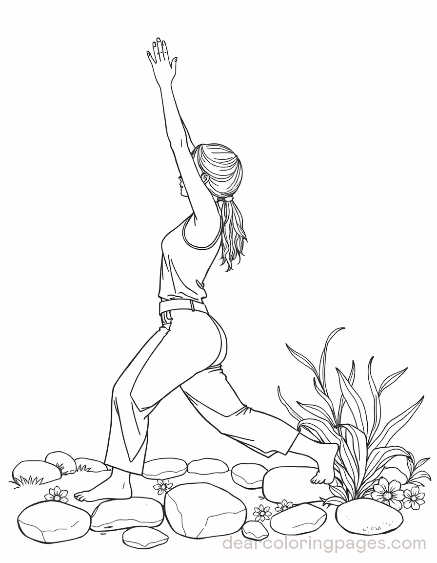 Yoga Coloring Page - Girl in Crescent Lunge Pose