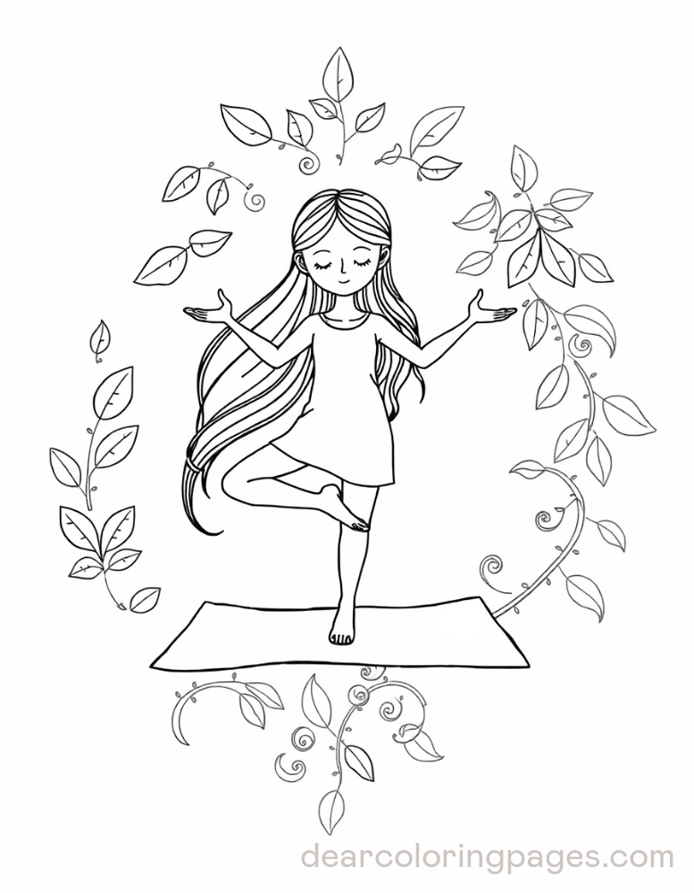 Yoga Coloring Page - Girl Balancing on Yoga Mat